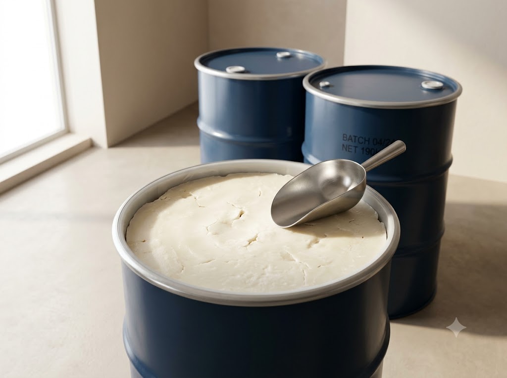 Industrial grade tallow packed in labelled drums at a processing facility